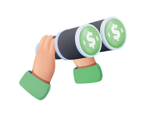 Spyglass 3D vector icon. Binoculars vector illustration, Searching money, finance opportunities, financial goal. Looking through binoculars, seeing investment income, earnings growth. 3D vector