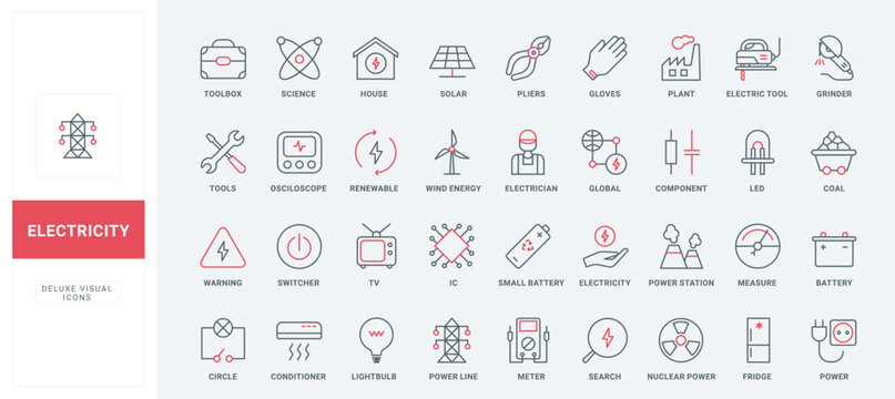 Electric energy and supply thin black and red line icons set vector illustration. Outline toolbox of electrician and household appliances symbols, circuit and high voltage power poles, LED lamp