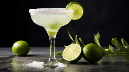copy space, stockphoto, Margarita cocktail with lime in glass on gray background. Beautiful background for national Margarita day. Happy Margarita day! Background for bar or restaurant.