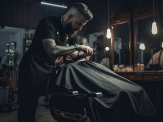Man while getting beard cut with male barber