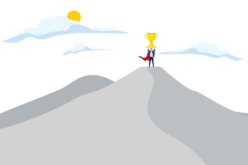 concept of reaching the peak of career or success, towards success, career path or steps to achieve business targets, growth or ambition, man climbs a mountain to lift a career trophy or success.