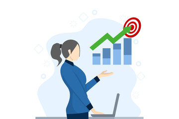 Concept of company profit on target, financial management, profit arrow on target, businessman investor holding big profit growth graph, flat vector illustration on white background.