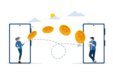 The concept of non-cash payment transactions. Financial transaction, online payment system, currency, coin, online money transfer system, NFC payment system, money transfer, flat vector illustration.