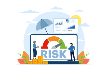Fototapeta na wymiar Risk management concept. business teams review and evaluate and analyze risks. Risky task. Business and investment concept. Risk of large text and level buttons. Flat vector illustration on background