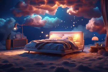 Poster 3D rendering of cozy bed illuminated by lamp. The bed flying over fluffy clouds at night © AHAT