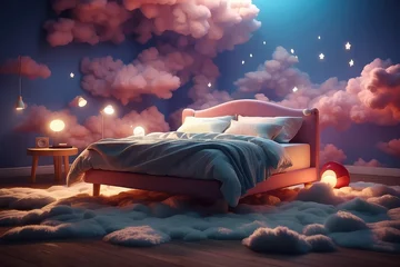 Gordijnen 3D rendering of cozy bed illuminated by lamp. The bed flying over fluffy clouds at night © AHAT