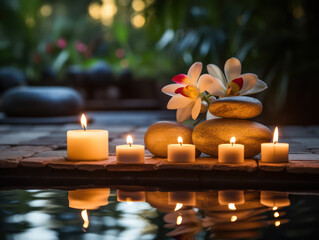 Candles and flowers with spa stones, concept of calm and harmony, luxury modern spa