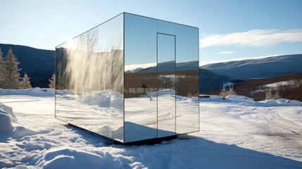 mirror house in the mountains with snow in winter