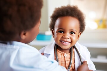 A cute black toddler receives care from a pediatrician in a hospital.