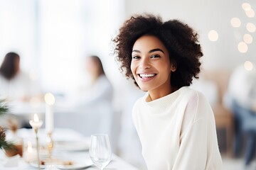 Portrait of a happy and cheerful black lady in a restaurant during Christmas. - obrazy, fototapety, plakaty
