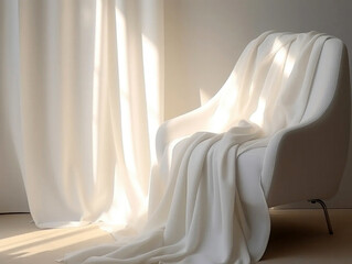   Warm background, white plush blanket draped over the sofa, chair 