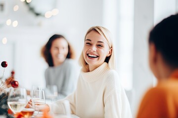 Smiling blond women enjoy friendship, laughter, and drinks at a restaurant at Christmas time.