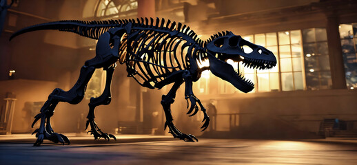 skeleton of a Tyrannosaurus rex dinosaur in museum. T-Rex Tyrannosaurus Rex Dino Skeleton. fossil skeleton of dinosaur king tyrannosaurus rex. night at the museum with many people. Ai generated - obrazy, fototapety, plakaty
