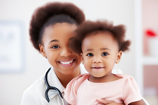 Black Woman Pediatrician Examines A Cute Baby Boy In Clinic.