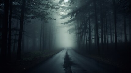 Obraz premium lonely road in the forest with heavy fog, blurred, high quality, copy space, 16:9