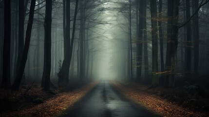 Naklejka premium lonely road in the forest with heavy fog, blurred, high quality, copy space, 16:9