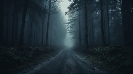 lonely road in the forest with heavy fog, blurred, high quality, copy space, 16:9