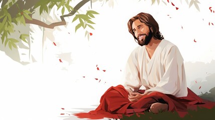 vector jesus, white background, jesus biblical smiling, young man, 30 years, brown hair and beard, dressed in a white robe and red cloak, sitting under a tree, full body, copy space, 16:9