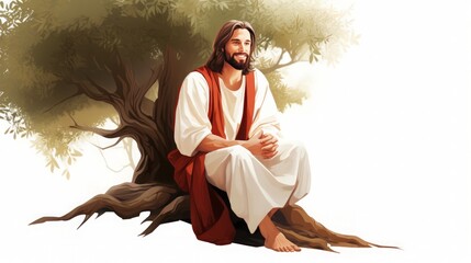 vector jesus, white background, jesus biblical smiling, young man, 30 years, brown hair and beard, dressed in a white robe and red cloak, sitting under a tree, full body, copy space, 16:9 - obrazy, fototapety, plakaty