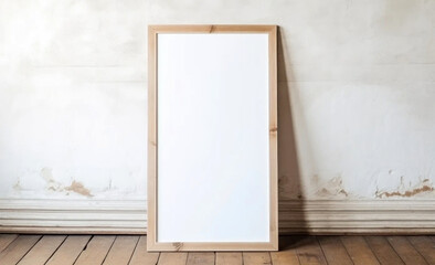 vertical blank  painting in a thin wooden frame leaning against a white wall and resting on a distressed wooden floor