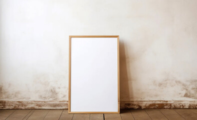 vertical blank  painting in a thin wooden frame leaning against a white wall and resting on a distressed wooden floor