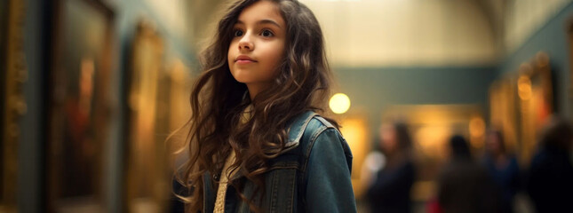 a young girl in an art gallery, in the style of bokeh panorama