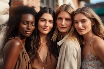 Obraz premium Beautiful women with various skin tones, group of people from different ethnic backgrounds, diversity of human skintones, unique skin tone shades, authenticity and inclusivity concept