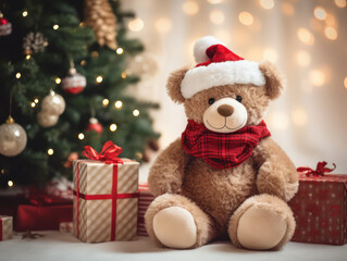 Teddy bear with santa hat sitting at home near the Christmas tree at holiday time