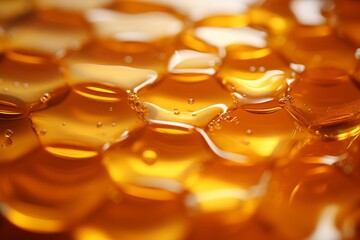 Honey texture close up in the detail. Wax honeycomb background.