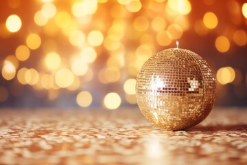 Fototapeta na wymiar Gold glittery shimmering Christmas ornament still life in front of blurred background of bokeh lights. Sparkling, glittering holiday ball. Shining, glimmering decoration bauble for xmas