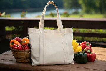 Tote bag mockup template on shelf in grocery store with fresh and organic fruits and vegetables....