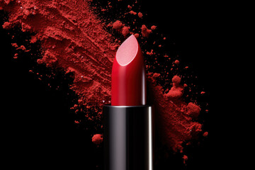 Matte red lipstick over smashed red powder background. Lip stick tube is surrounded by explosion of red powder. Makeup beauty cosmetic luxurious product. Studio macro closeup