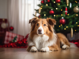 Cute dog at home near Christmas tree at holiday time, Christmas style with pets