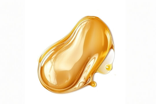 Yellow drop of liquid gold isolated on white background. Gold cooking olive or engine oil texture. Golden emulsion serum cosmetics, skin care droplet, sweet honey