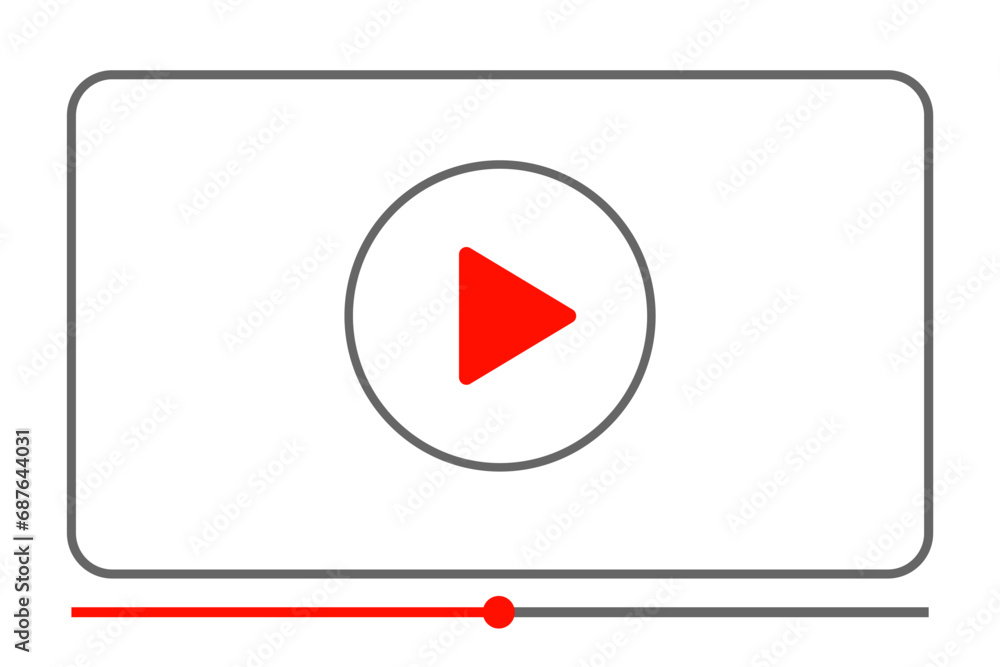 Poster Multimedia video player with play button, media video player line interface template live digital stream, modern social play video online window with navigation icon, video streaming on internet