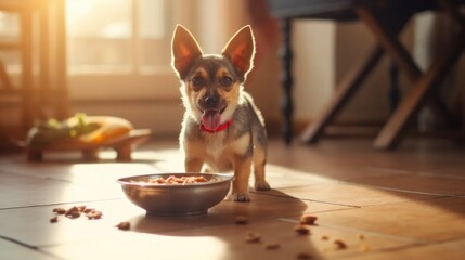 Close-up of a happy little dog about to eat his favorite pet kibble