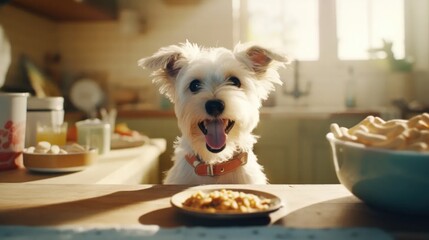 Close-up of a happy little dog about to eat his favorite pet kibble