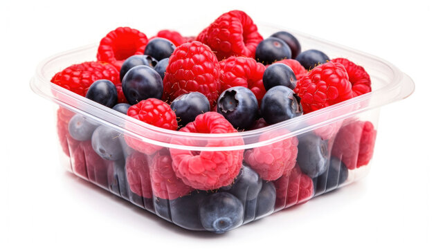 Fresh Raspberries and Blueberries in a Disposable Container - Close-Up