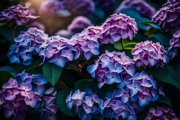 purple flowers in the garden, Hydrangeas in a lush garden, their vibrant blue and pink petals creating a stunning display of colors - Powered by Adobe