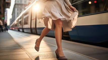 legs of a woman in a skirt running quickly down the street onto a tram, train 