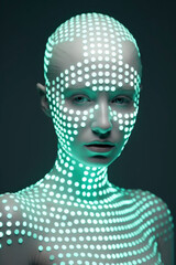 person with white trypophobic LED pattern on his face, geometric glowing dots, dynamic future fashion