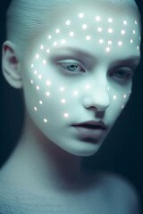 person with white trypophobic LED pattern on his face, geometric glowing dots, dynamic future fashion