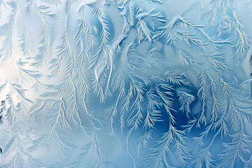 Beautiful ice patterns on a frozen winter glass, natural close-up texture