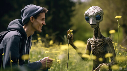 a man and his weird alien friend, in a spring glade - obrazy, fototapety, plakaty