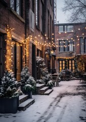 Fototapeta na wymiar Modern townhouse in the middle of winter, Christmas lights, decorations, Christmas, brick, steel