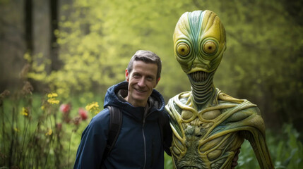 a man and his weird alien friend, in a spring glade - obrazy, fototapety, plakaty