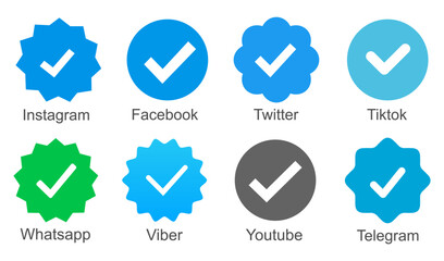 Instagram, Facebook, Twitter, Tiktok, Telegram, Whatsapp, Viber, Youtube, set verified profile badges. Check mark verified account icons. Account verification icon. Guaranteed safety person sign