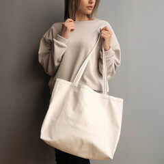 Woman holding a white beige canvas fabric tote bag mockup, blank, empty blank tote bag