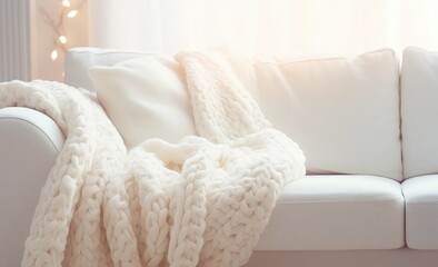    Warm background, white plush blanket draped over the sofa.