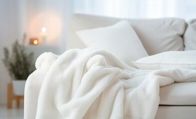 Fototapeta na wymiar Warm background, white plush blanket draped over the sofa.